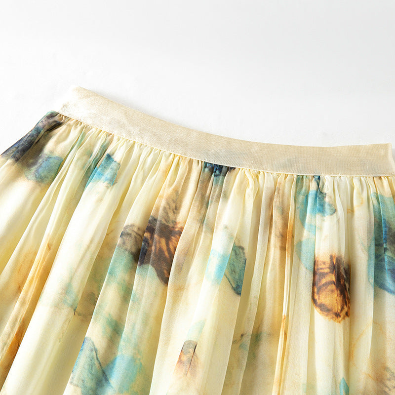 Stylish Lightweight Chiffon Long Skirt with Delicate Peony Print Summer Fashionable Casual Dress