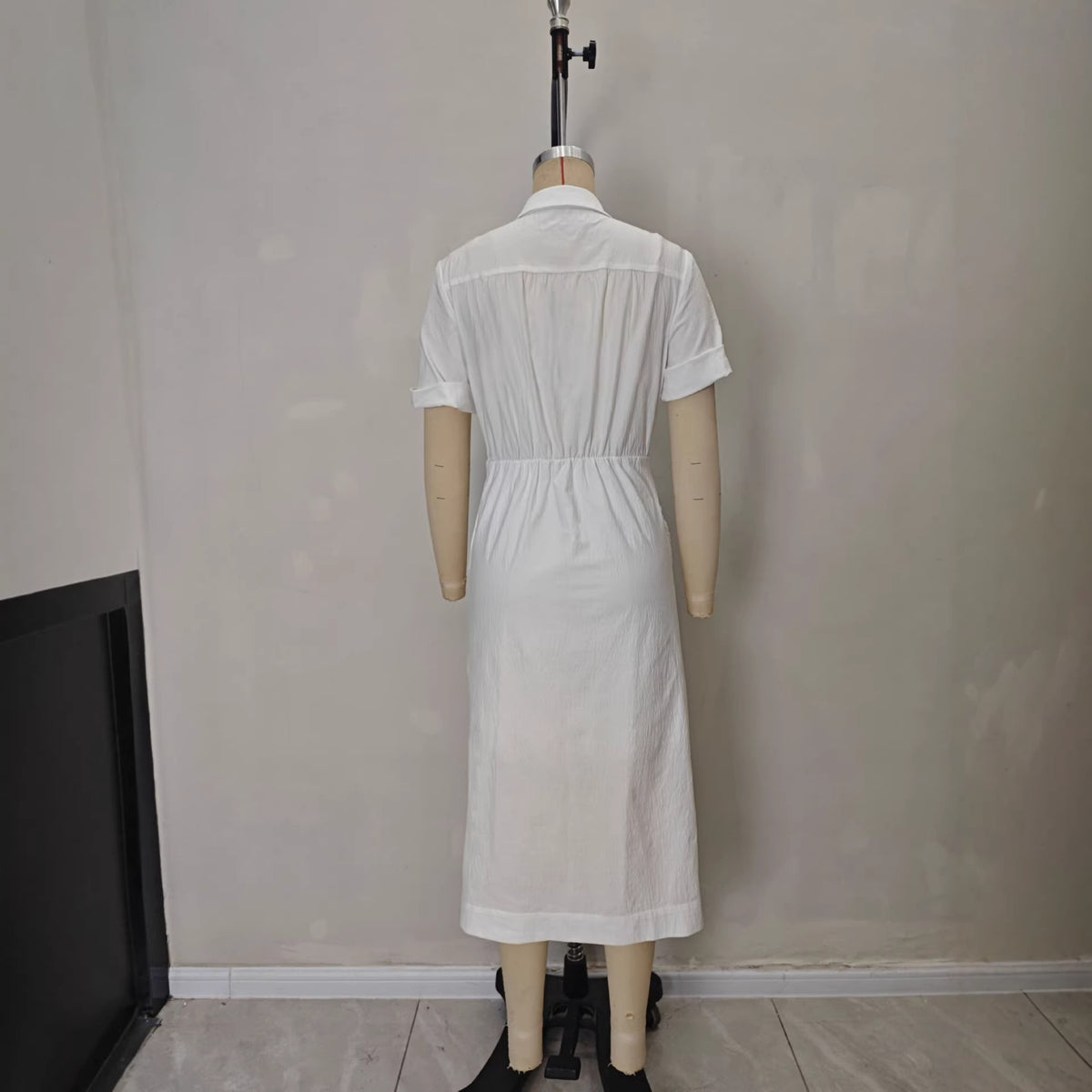 Solid color waist folded shirt long dress