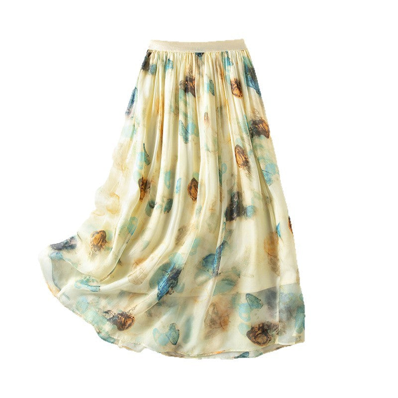 Stylish Lightweight Chiffon Long Skirt with Delicate Peony Print Summer Fashionable Casual Dress