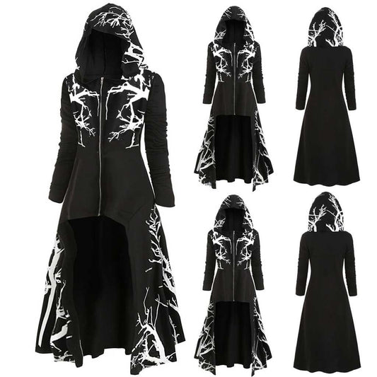 Halloween Costume Cloak with Hood Irregular Hem Printed Long Sleeve Coat