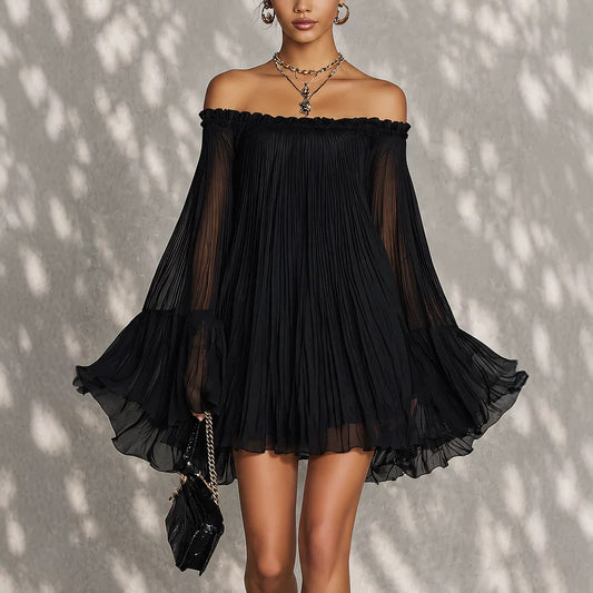 Elegant Black Off-Shoulder Backless Pleated Lantern Sleeve Mini Dress