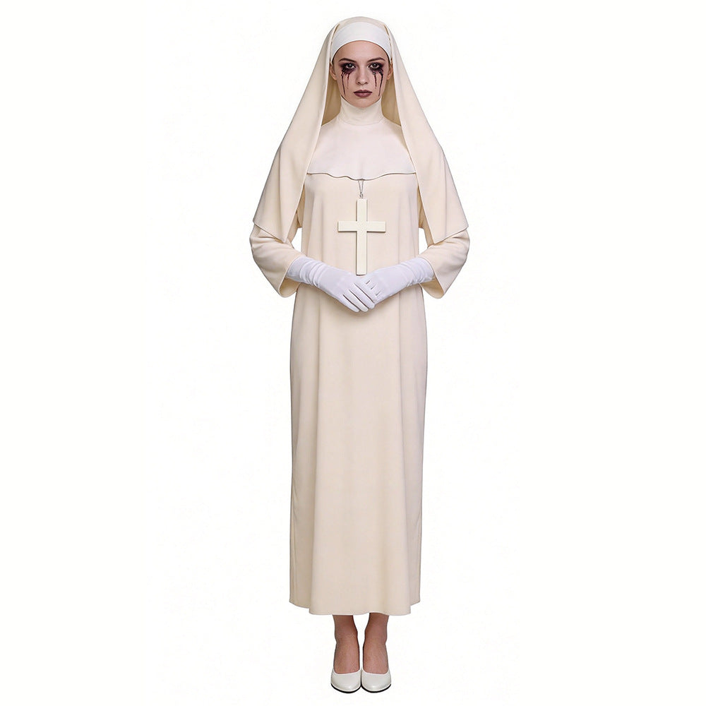 Nun Costume Cosplay Cream White Nun Role Play Outfit The Conjuring Halloween Costume