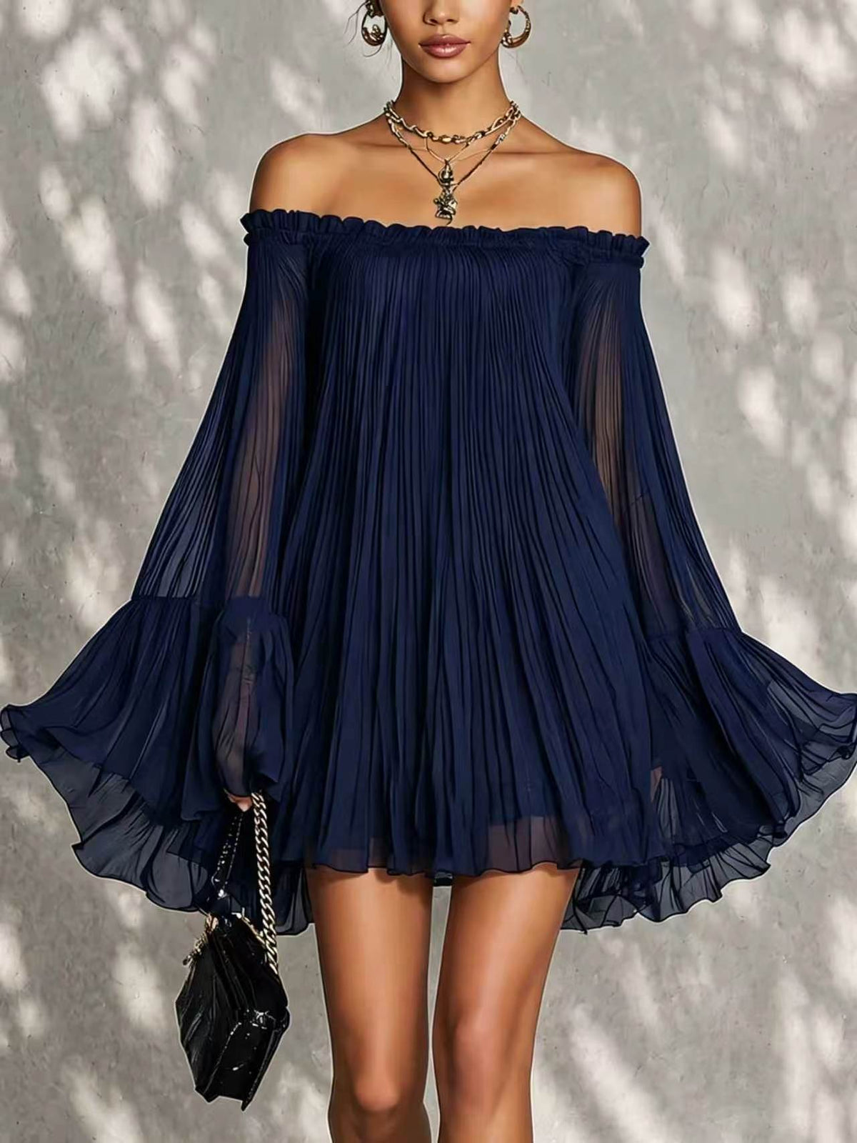 Elegant Black Off-Shoulder Backless Pleated Lantern Sleeve Mini Dress
