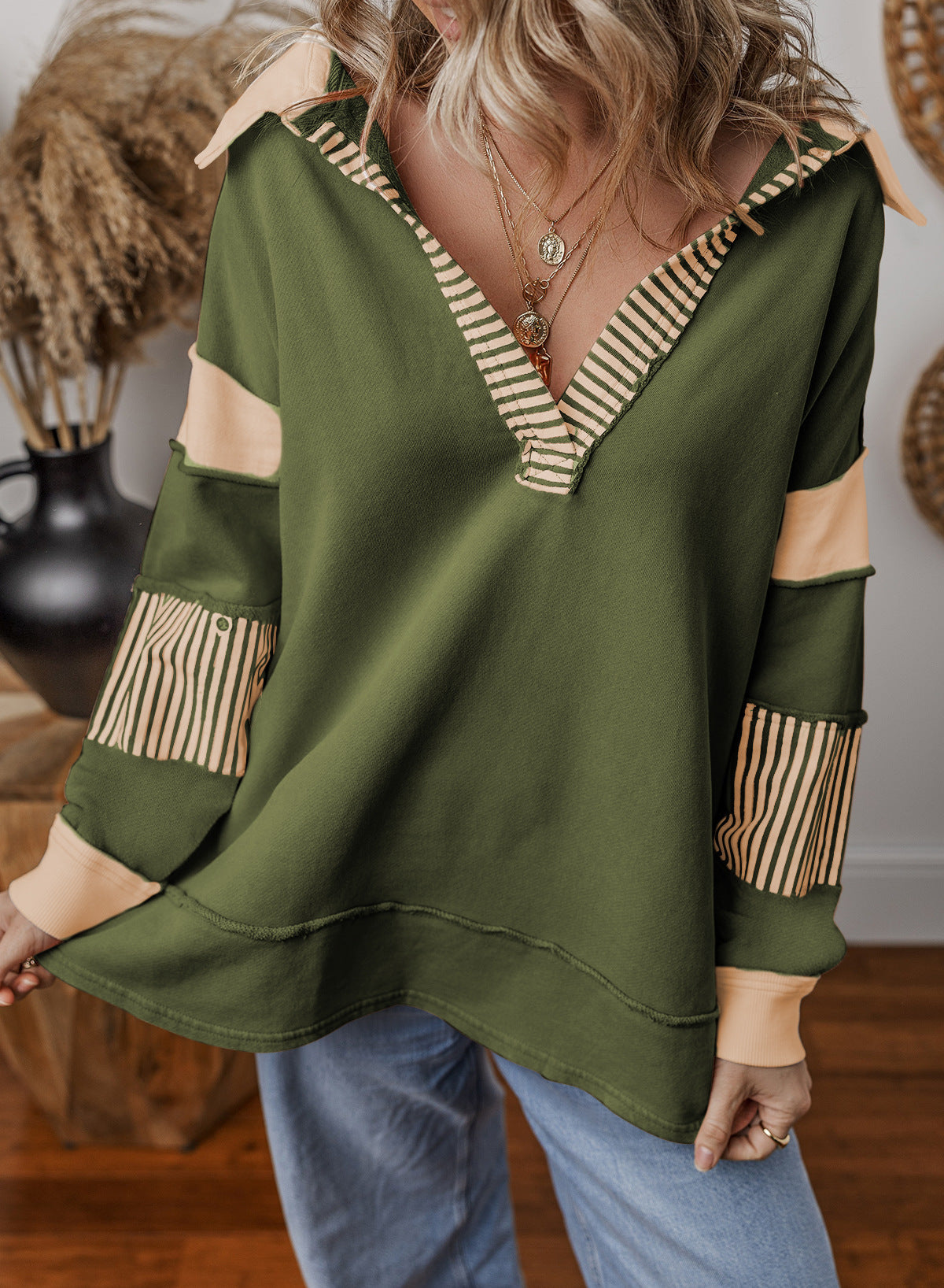 Casual Versatile Deep V-Neck Long Sleeve Loose Sweatshirt Top with Stripe Color Block Design