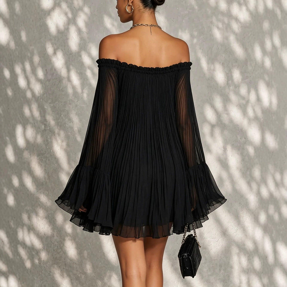 Elegant Black Off-Shoulder Backless Pleated Lantern Sleeve Mini Dress