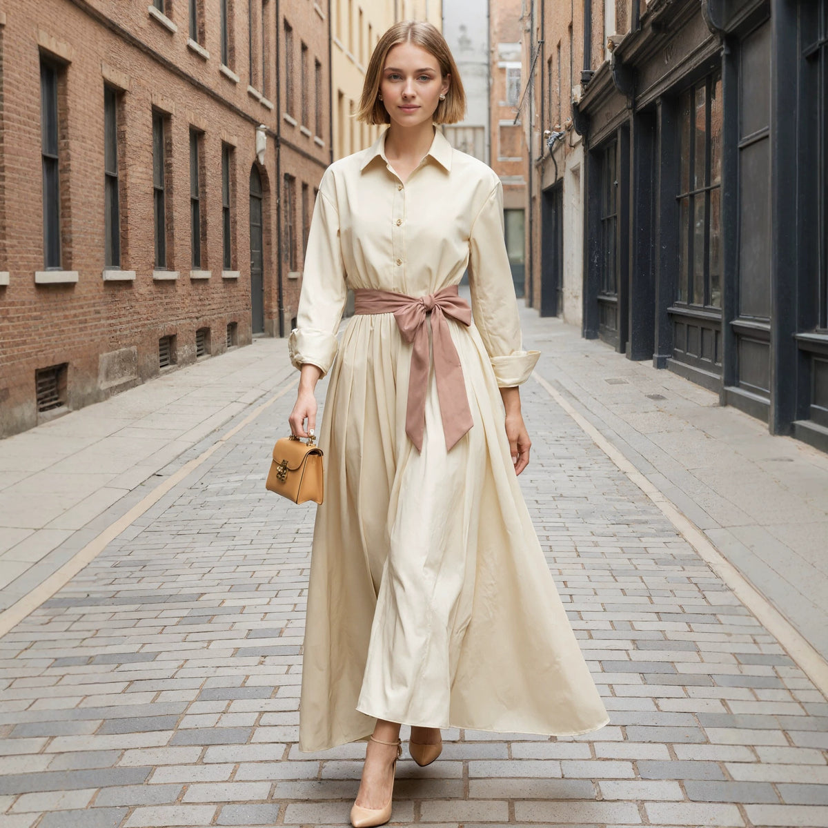 Long sleeved shirt collar solid color long skirt dress