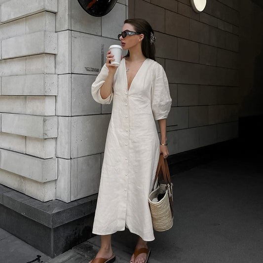 V-neck bubble sleeve loose mid length dress