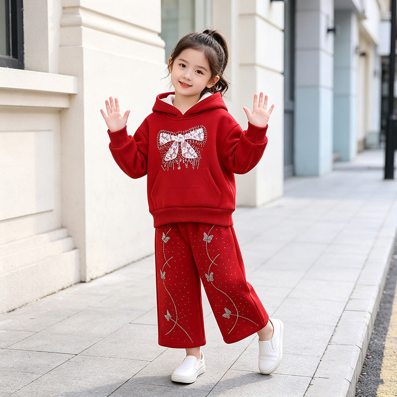 Two piece set of winter baby hoodie with added velvet and thickening