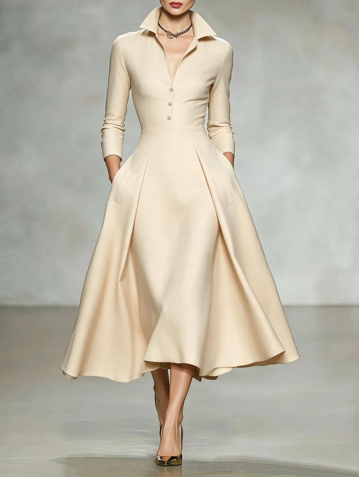 V-neck waist cinched long sleeved dress