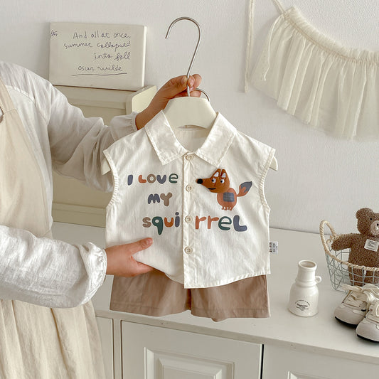 Boy's Lightweight Cartoon Print Vest Two-Piece Set