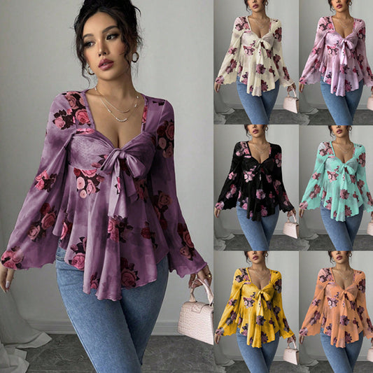 Sweet Floral Ombre Tie-Back Square Neck Long Sleeve Blouse