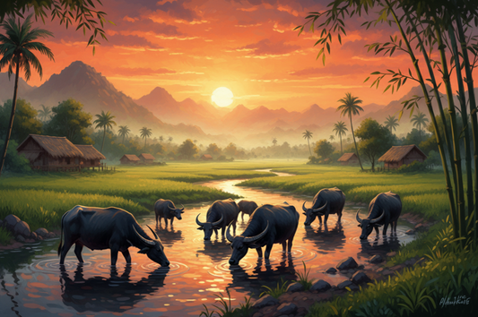 Trâu bên dòng suối - tranh kỹ thuật số